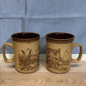 Vintage Dunoon Scotland Cottage In Field Rustic Brown Stoneware Mugs Set of 2
